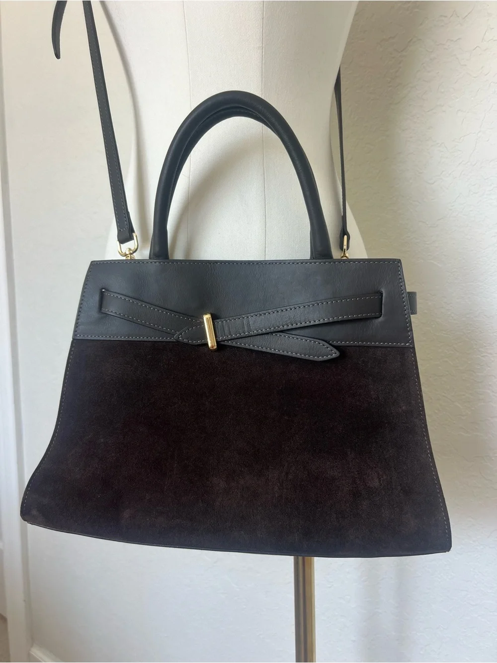 Italian Genuine Leather Suede Satchel Handbag Dark Brown Top Handle Crossbody